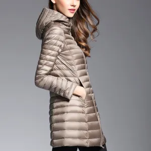 2017 Woman Spring Padded Hooded Long Jacket White Duck Down Female Overcoat Ultra Light Slim Solid Jackets Coat Portable Parkas