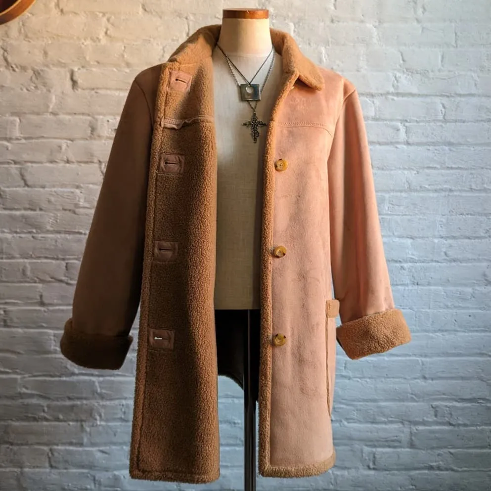 90s Vintage Vegan Suede Faux Fur Coat Penny Lane Neutral Boho Minimalist Jacket