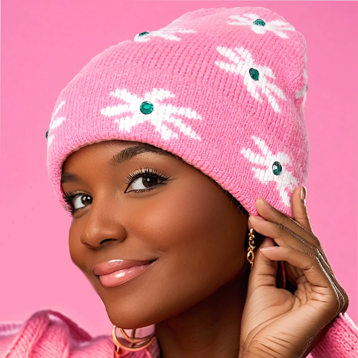 AKA Sorority Pink Green Flower Knit Beanie Hat