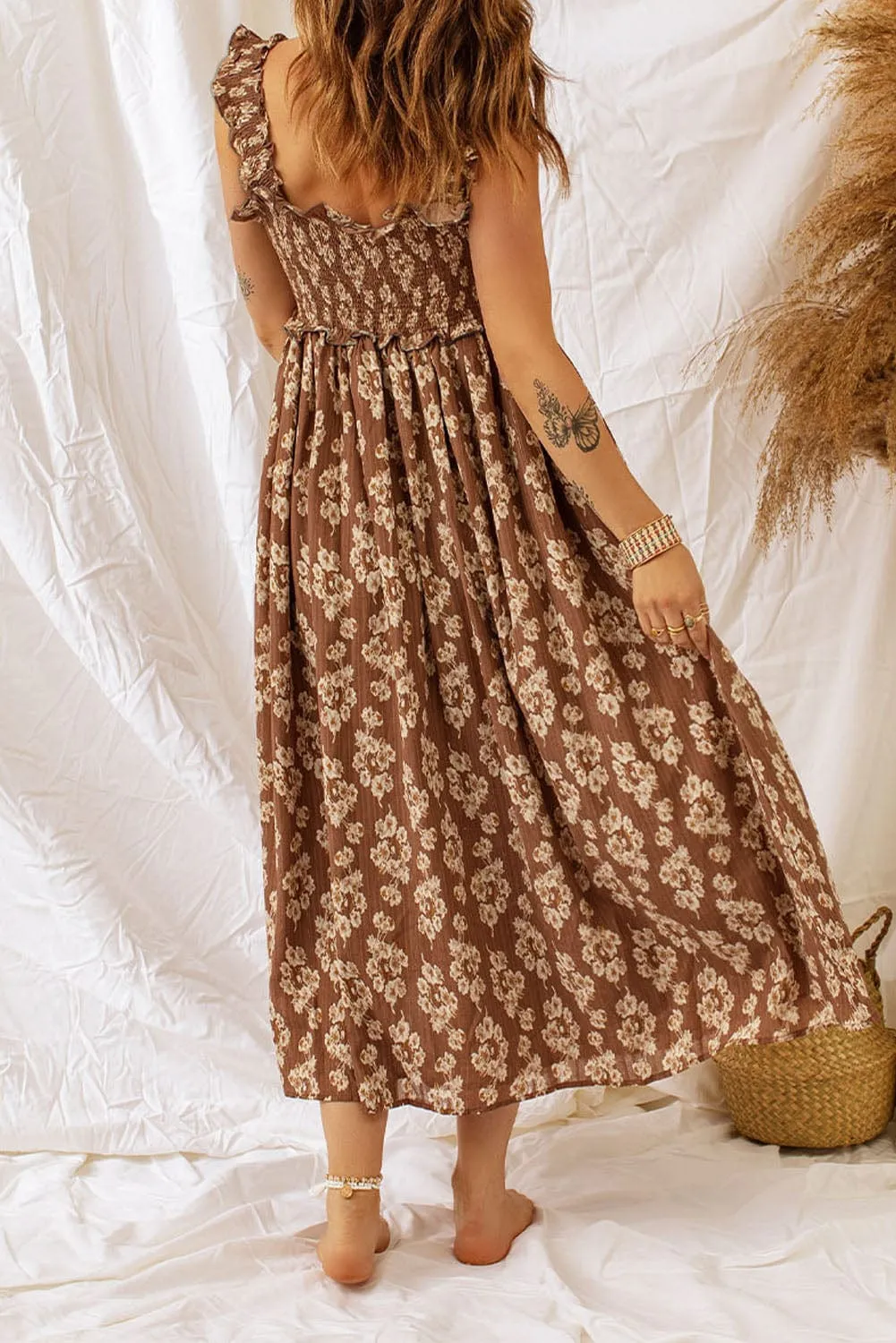 Alluring Brown Floral Maxi Dress with Ruffled Detail