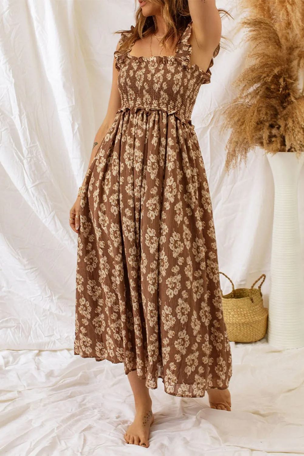 Alluring Brown Floral Maxi Dress with Ruffled Detail