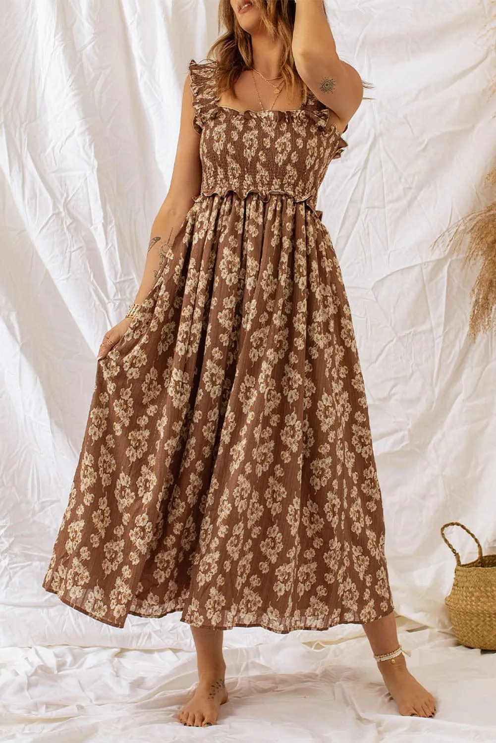 Alluring Brown Floral Maxi Dress with Ruffled Detail