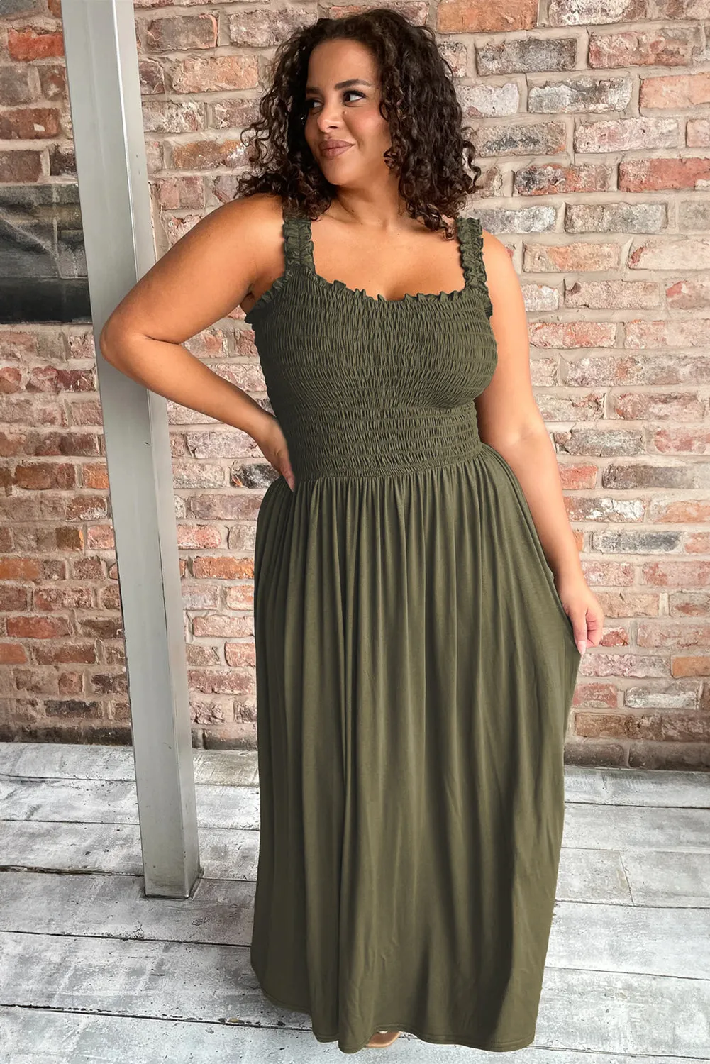 Amazon Rainforest Green Ruched Bodice Sleeveless Plus Size Full-Length Dress