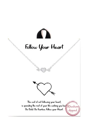 BANA011RH Rhodium "Follow Your Heart" Arrow Pierced Heart Necklace