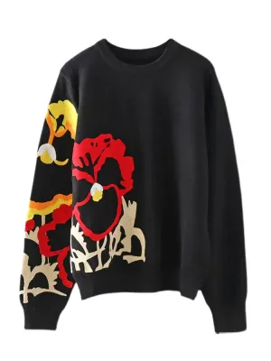 Black Floral Embroidery Pullover Women Boho Long Sleeve O Neck Autumn Winter Jumper Top Loose Knitted Sweaters C-010