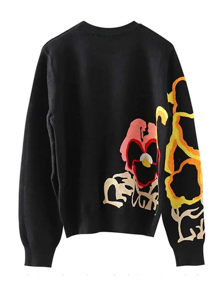 Black Floral Embroidery Pullover Women Boho Long Sleeve O Neck Autumn Winter Jumper Top Loose Knitted Sweaters C-010