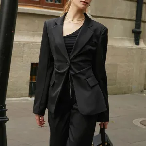 Black Slim Korean Blazer For Women Notched Collar Long Sleeve Ruched Solid Minimalist Blazers Female Clothing