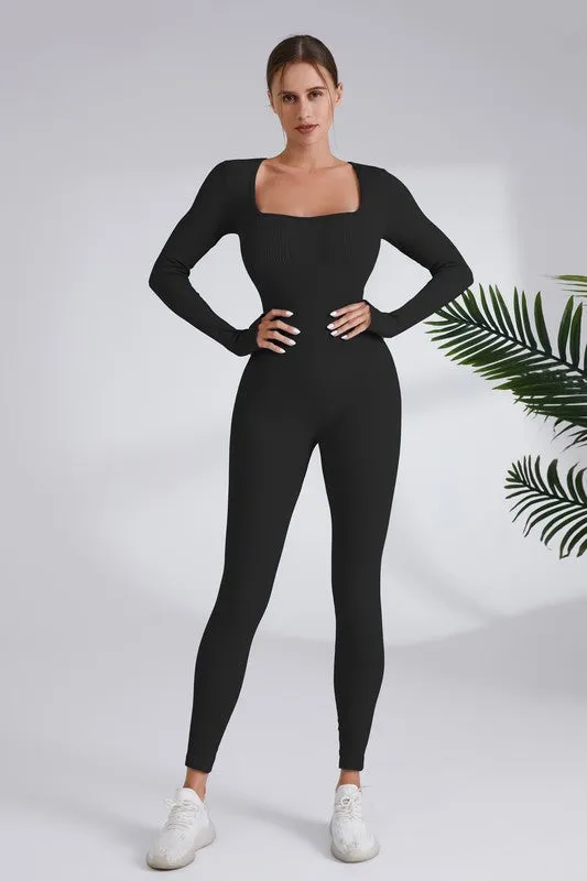 Black Square Neck Ribbed Long Sleeve Jumpsuit