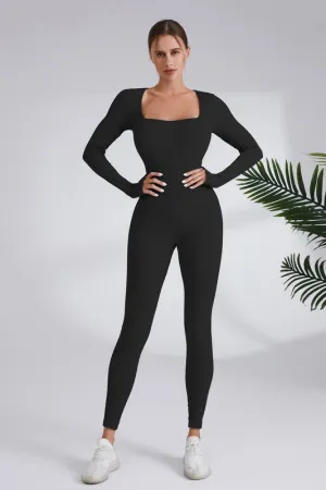 Black Square Neck Ribbed Long Sleeve Jumpsuit