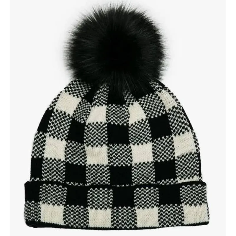 Black White Buffalo Check Pom Pom Knit Beanie Hat