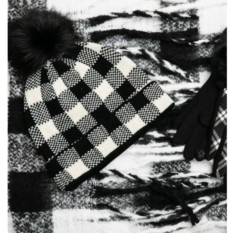 Black White Buffalo Check Pom Pom Knit Beanie Hat