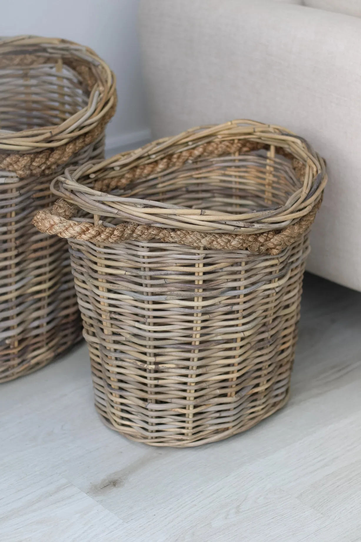 Bloomsbury Grey Washed Oval Rattan Basket with Rope Handles