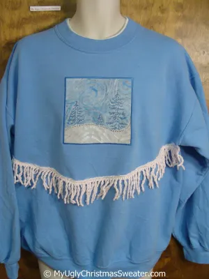 Blue Festive Tacky Christmas Sweatshirt with Fringe