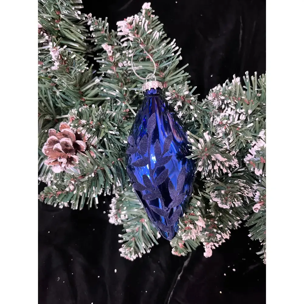 Blue T-Drop With Flock Leaf Design Bauble