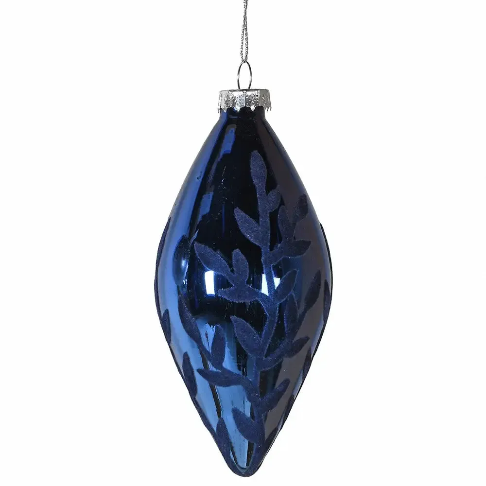 Blue T-Drop With Flock Leaf Design Bauble