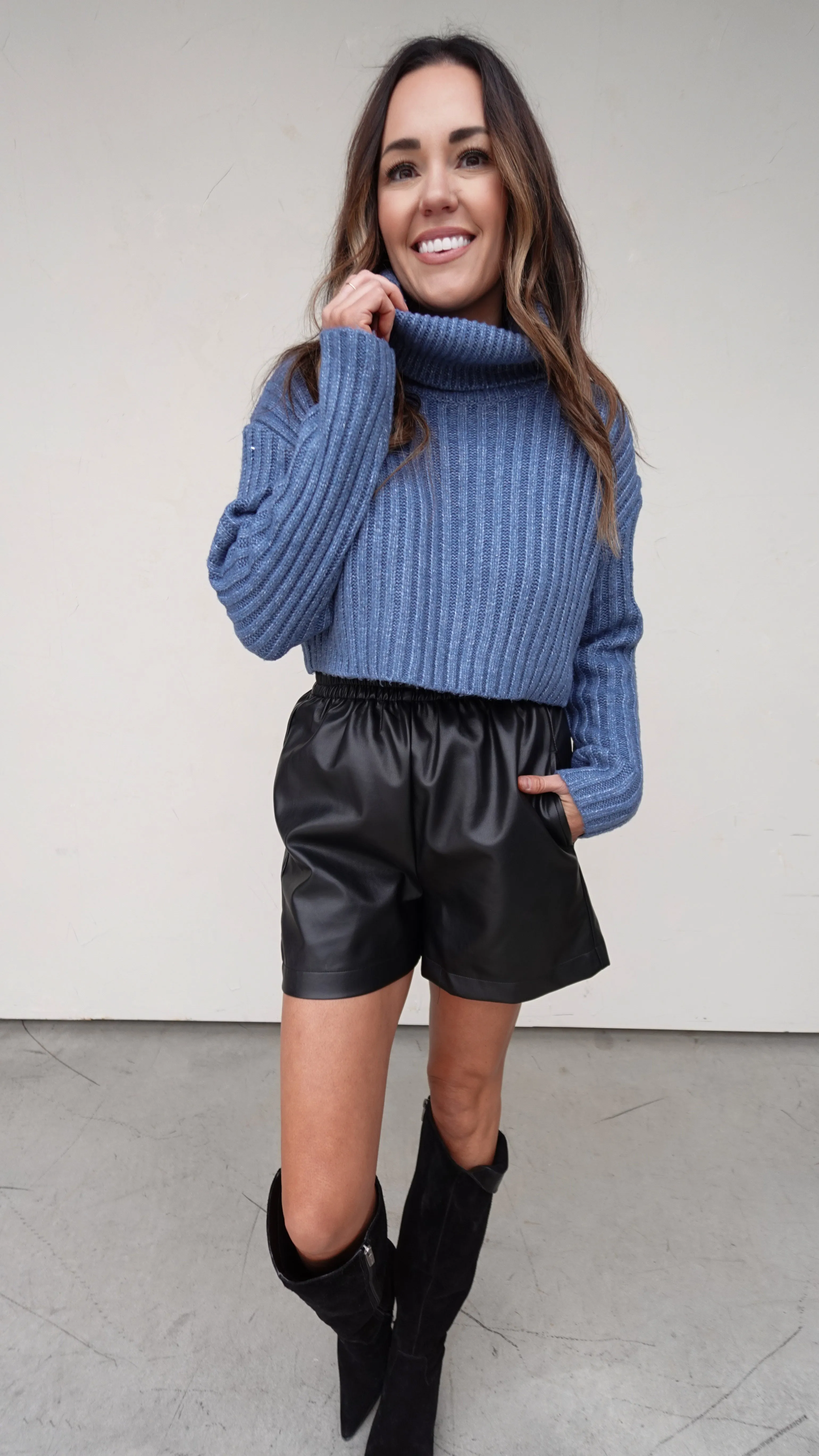 Blue Turtleneck Cropped Sweater