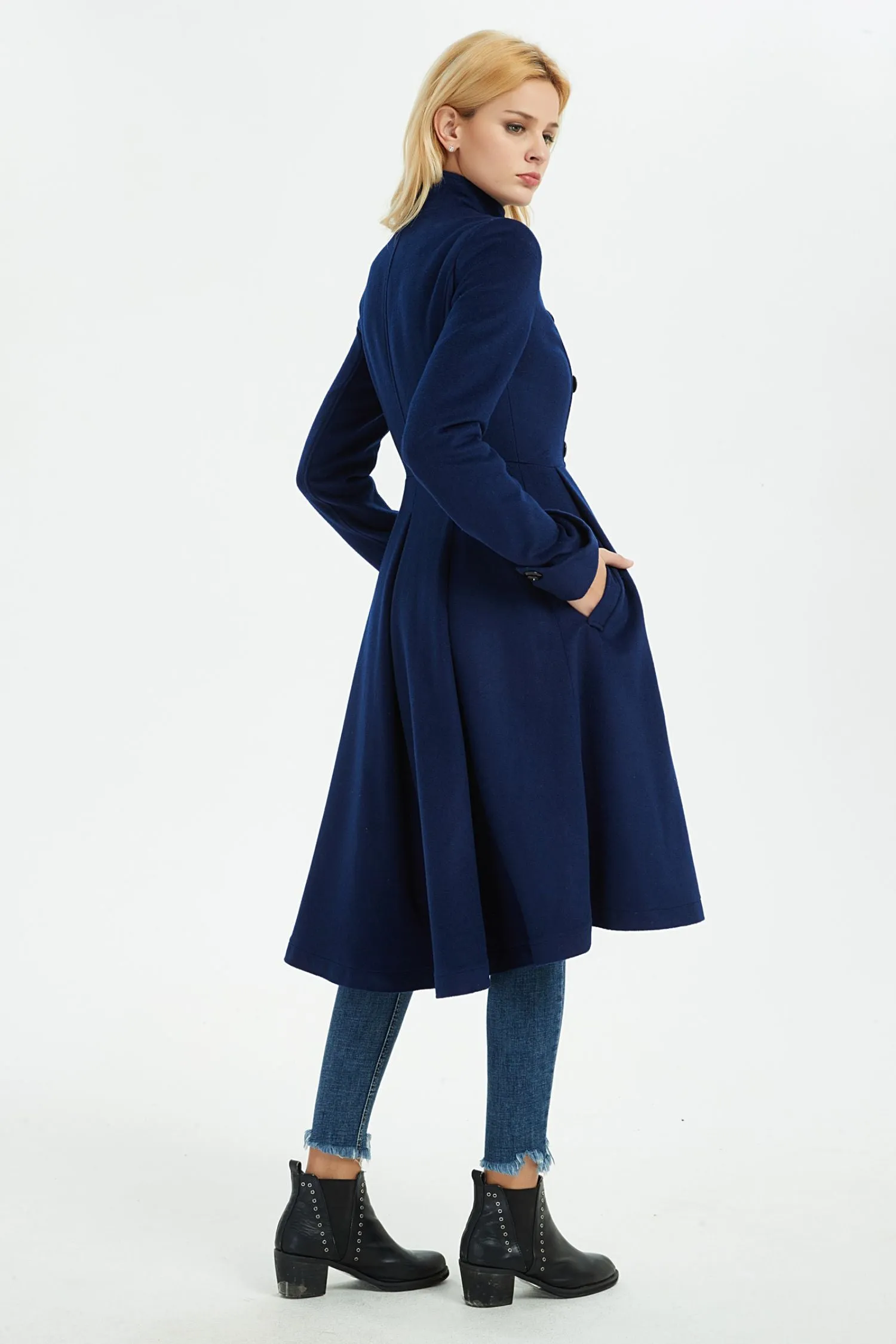 blue warm asymmetrical wool coat with pockets C1371