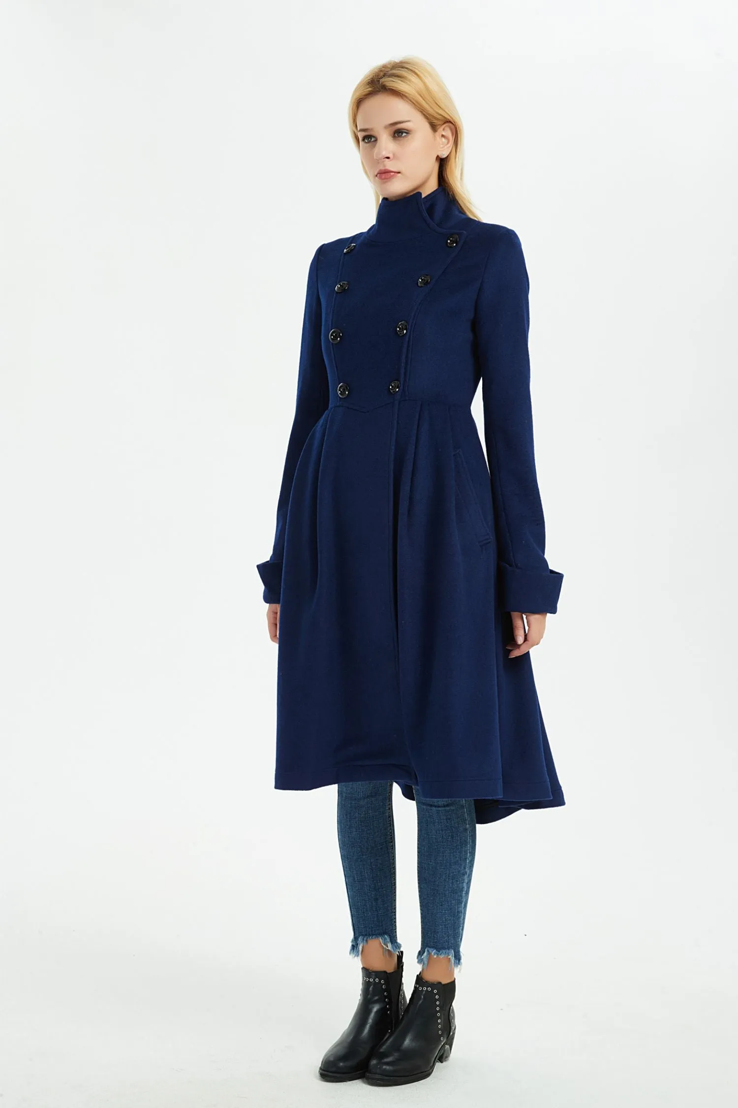 blue warm asymmetrical wool coat with pockets C1371