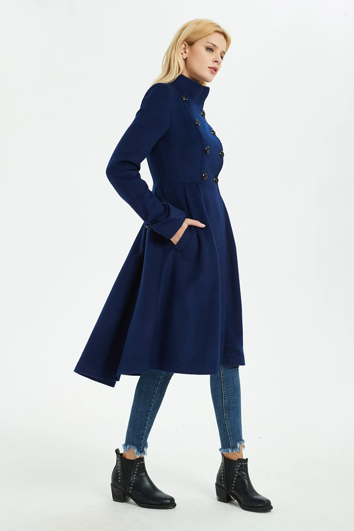 blue warm asymmetrical wool coat with pockets C1371