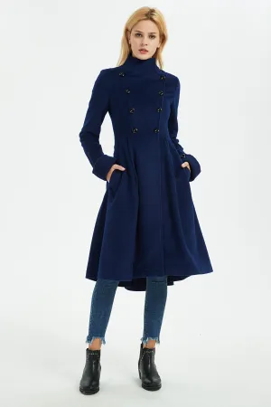 blue warm asymmetrical wool coat with pockets C1371