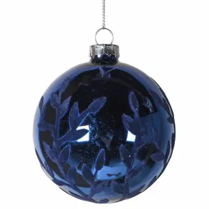 Blue With Flock Leaf Design Bauble