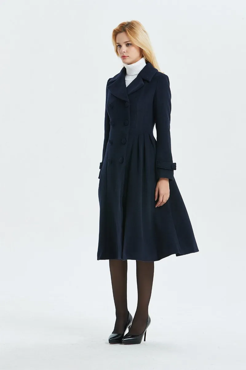 blue wool coat, warm coat, winter coat, midi coat, double breasted coat, navy blue coat, blue wool coat, womens coat, elegant coat C1340