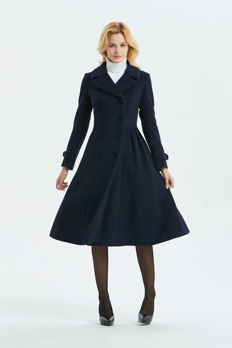 blue wool coat, warm coat, winter coat, midi coat, double breasted coat, navy blue coat, blue wool coat, womens coat, elegant coat C1340