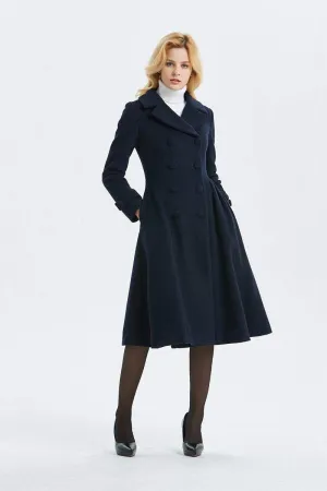 blue wool coat, warm coat, winter coat, midi coat, double breasted coat, navy blue coat, blue wool coat, womens coat, elegant coat C1340