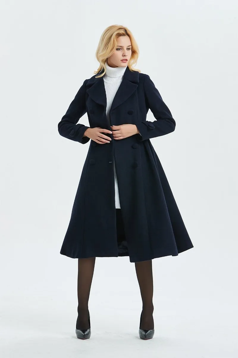 blue wool coat, warm coat, winter coat, midi coat, double breasted coat, navy blue coat, blue wool coat, womens coat, elegant coat C1340