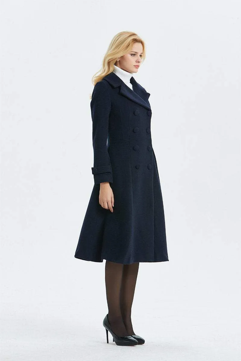 blue wool coat, warm coat, winter coat, midi coat, double breasted coat, navy blue coat, blue wool coat, womens coat, elegant coat C1340