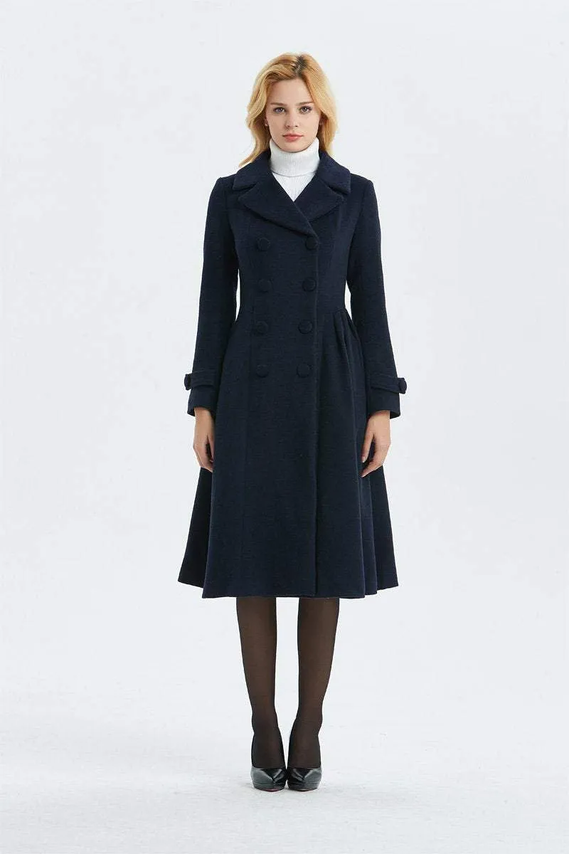 blue wool coat, warm coat, winter coat, midi coat, double breasted coat, navy blue coat, blue wool coat, womens coat, elegant coat C1340