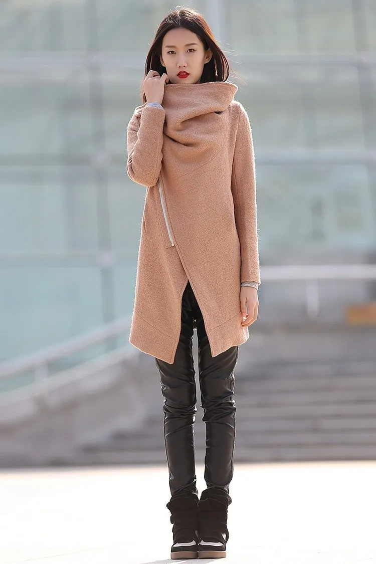 Brown  Asymmetricplus Size Wool Coat With High Collar C176