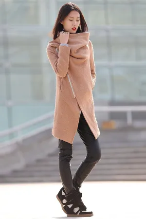 Brown  Asymmetricplus Size Wool Coat With High Collar C176