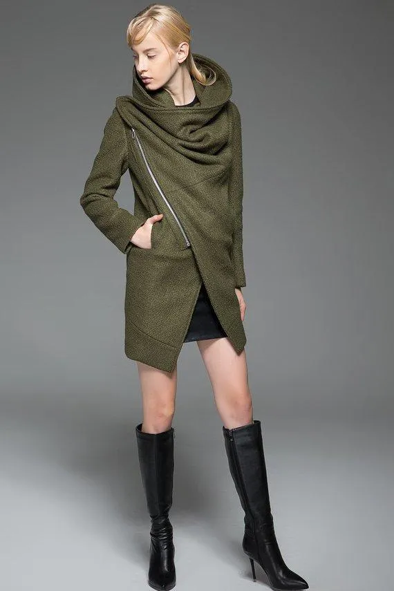 Brown  Asymmetricplus Size Wool Coat With High Collar C176