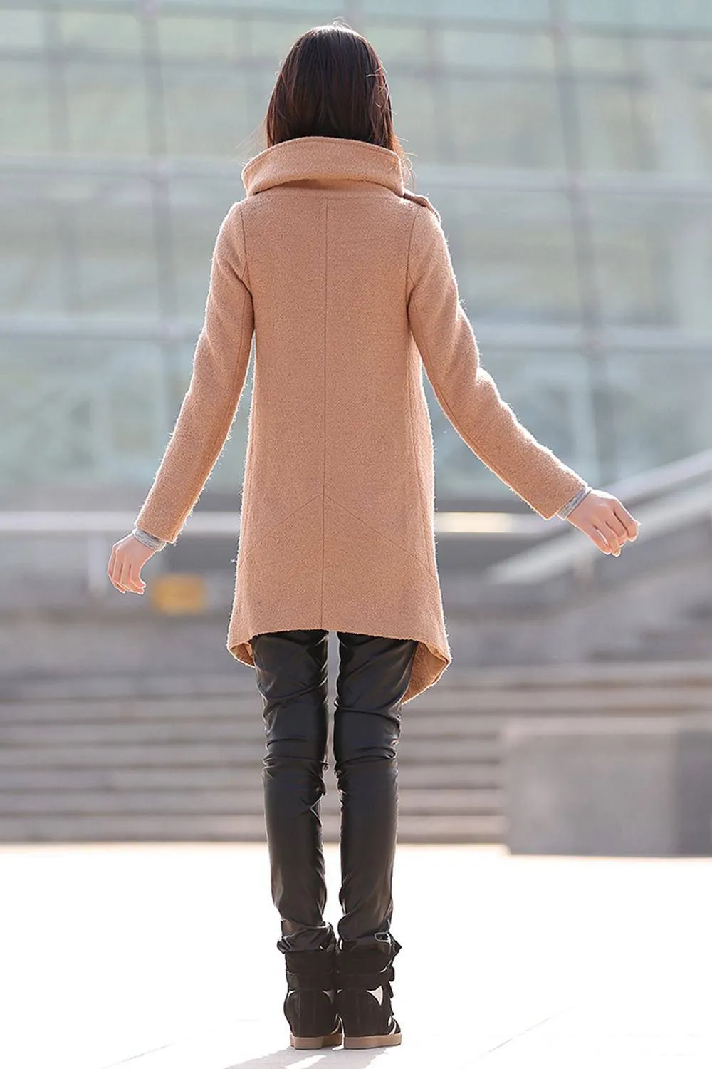 Brown  Asymmetricplus Size Wool Coat With High Collar C176