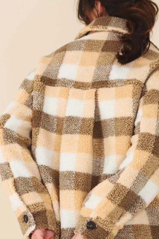 Brown Orange Plaid Sherpa Jacket with Pockets