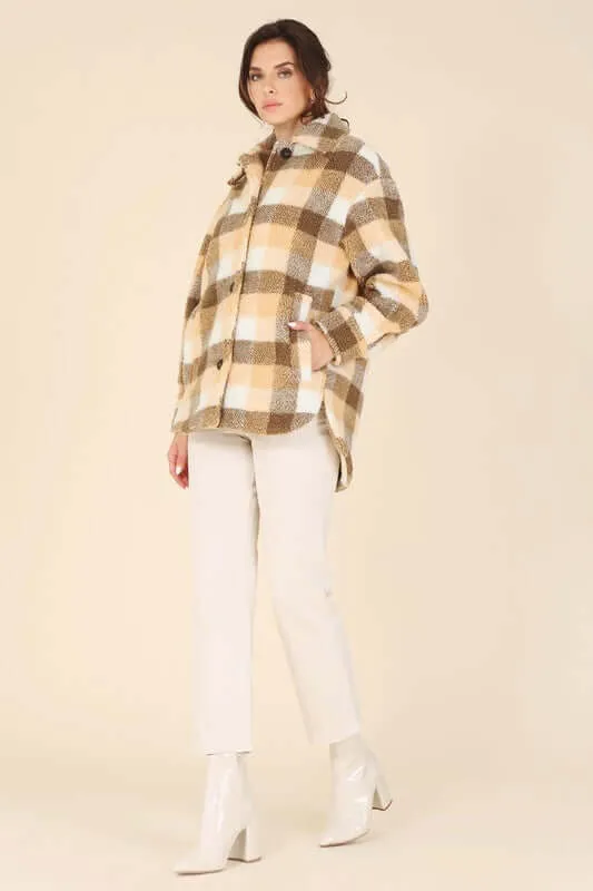 Brown Orange Plaid Sherpa Jacket with Pockets