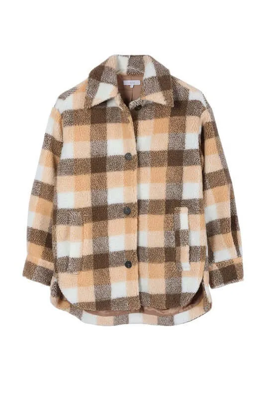 Brown Orange Plaid Sherpa Jacket with Pockets