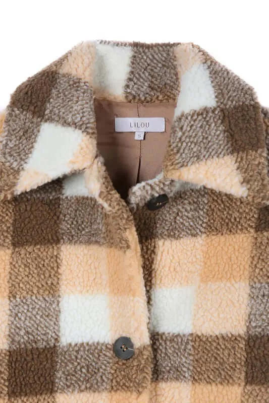 Brown Orange Plaid Sherpa Jacket with Pockets