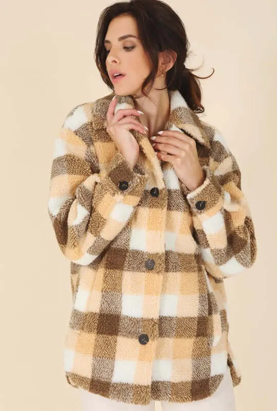 Brown Orange Plaid Sherpa Jacket with Pockets