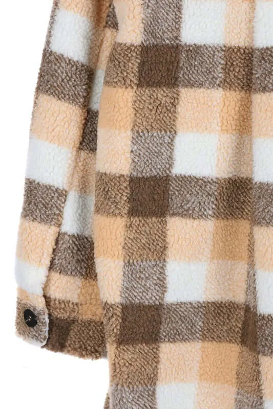 Brown Orange Plaid Sherpa Jacket with Pockets