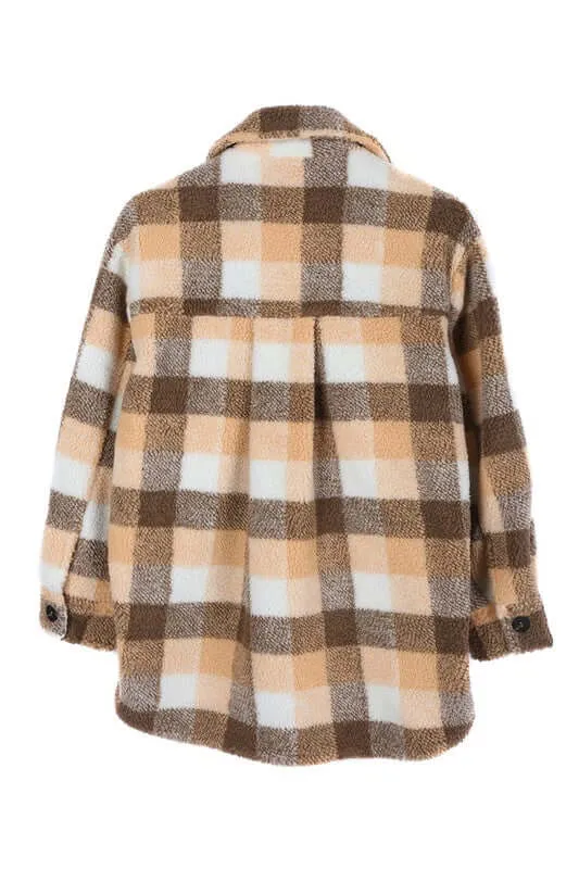 Brown Orange Plaid Sherpa Jacket with Pockets