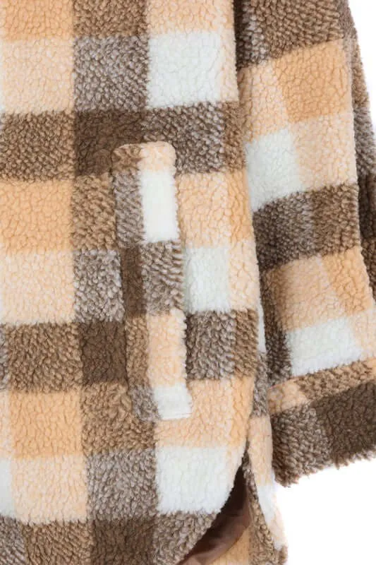 Brown Orange Plaid Sherpa Jacket with Pockets