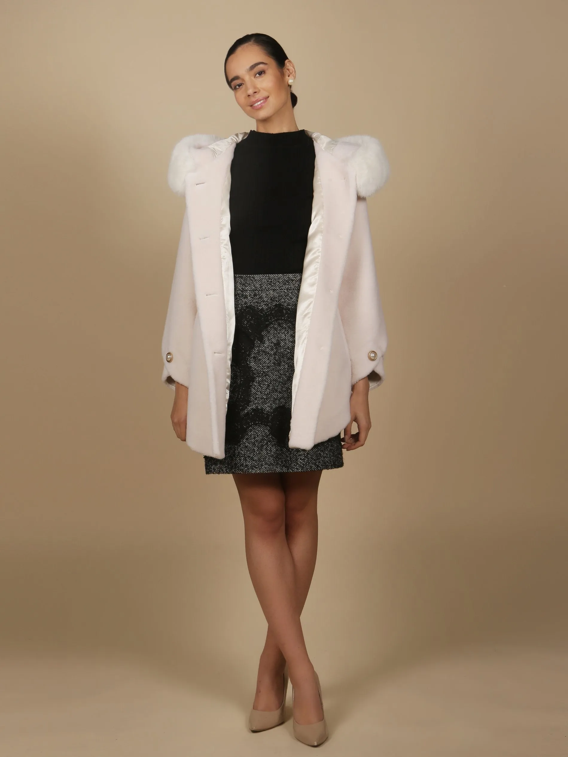 'Caron' Wool Coat with Hood in Bianco