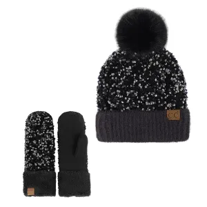 C.C Women Fuzzy Lined Sequin Fur Pom Beanie & Mitten Set