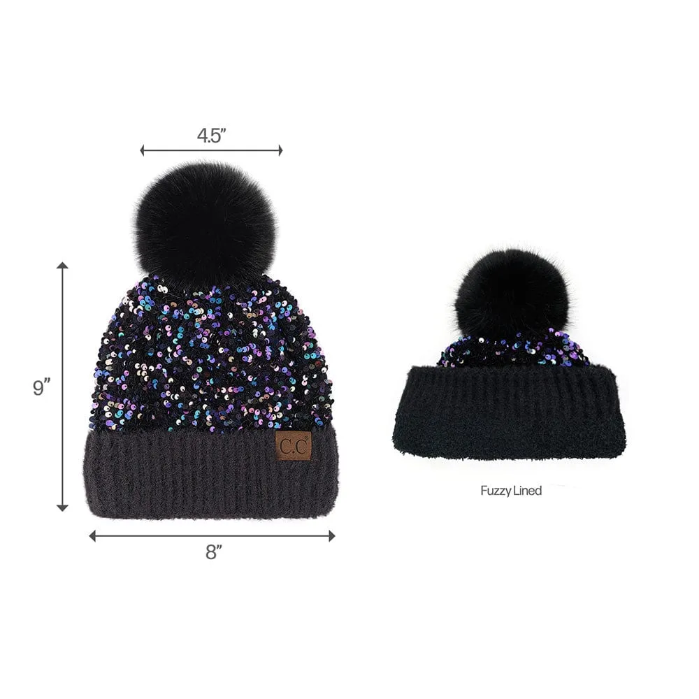 C.C Women Fuzzy Lined Sequin Fur Pom Beanie & Mitten Set