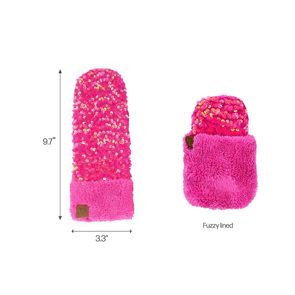 C.C Women Fuzzy Lined Sequin Fur Pom Beanie & Mitten Set