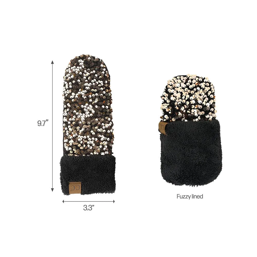 C.C Women Fuzzy Lined Sequin Fur Pom Beanie & Mitten Set