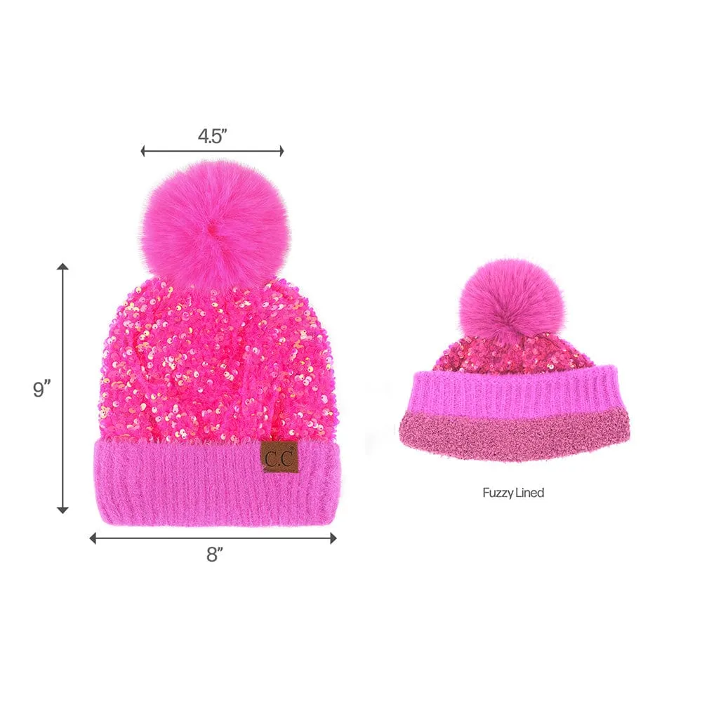 C.C Women Fuzzy Lined Sequin Fur Pom Beanie & Mitten Set