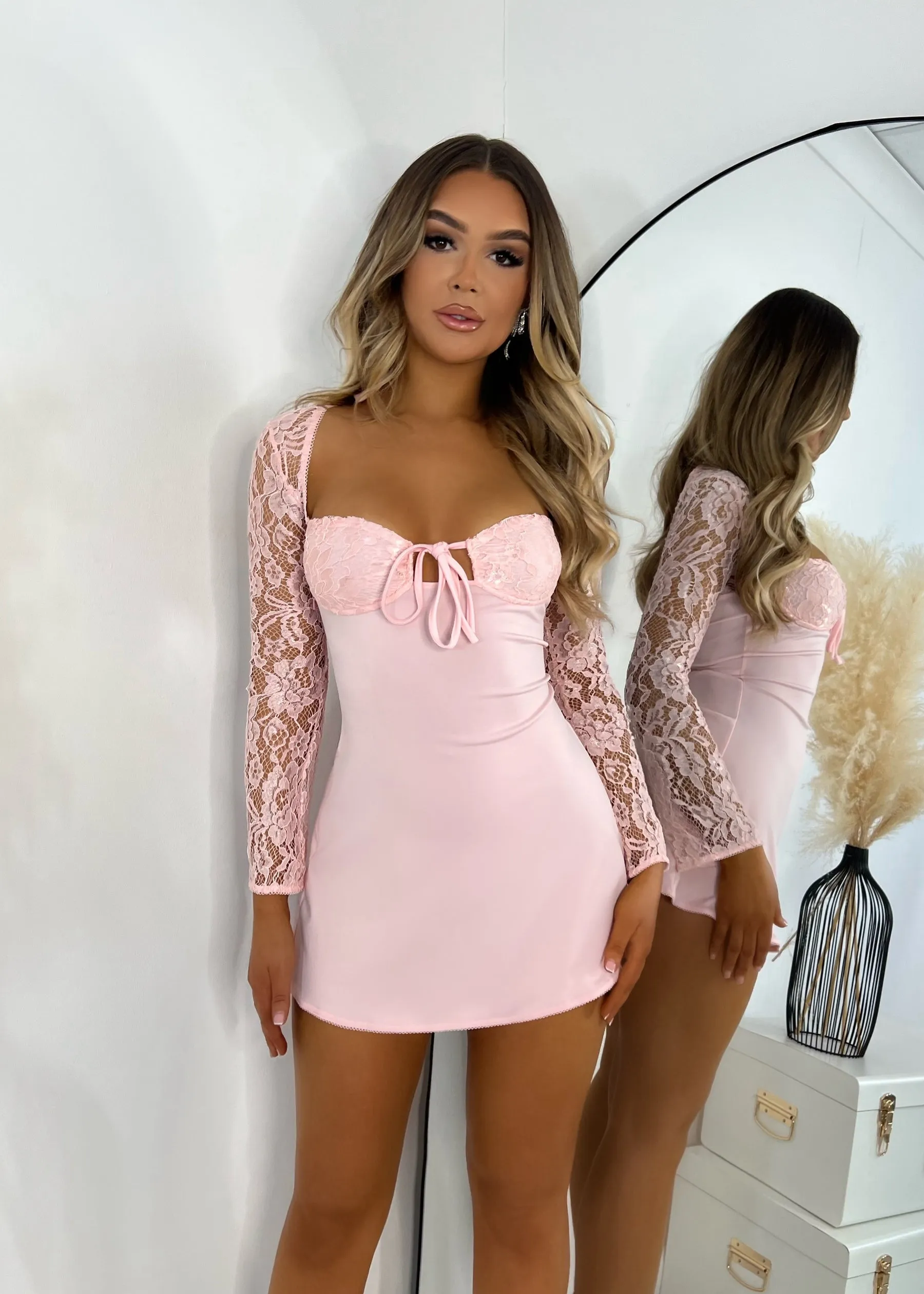 Chain of Hearts Lace Long Sleeve Mini Dress - Light Pink